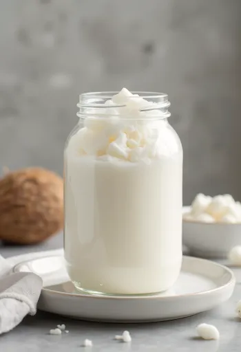 小鉢に入った白い精製ココナッツオイルと、乾燥ココナッツフレーク