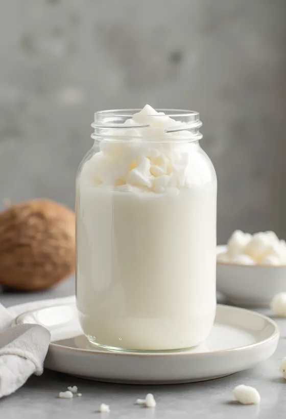 小鉢に入った白い精製ココナッツオイルと、乾燥ココナッツフレーク