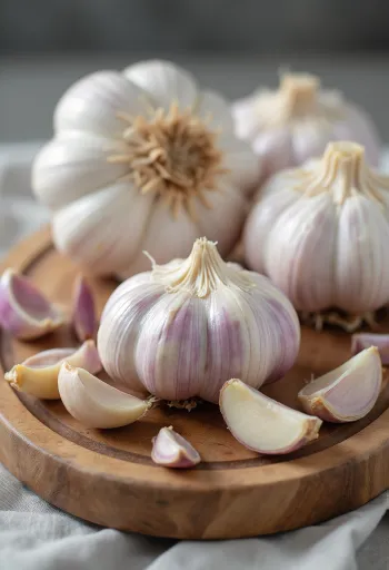 木製のテーブルの上にある皮付きのニンニクと剥いたニンニク片