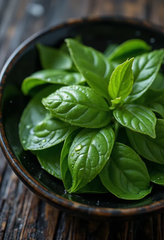 明るい台の上に散らばった、鮮やかな緑色の新鮮な茶葉