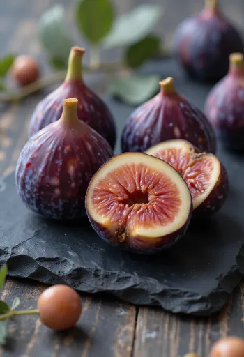 スライスされた生のイチジクとドライイチジク、素朴な木の板の上