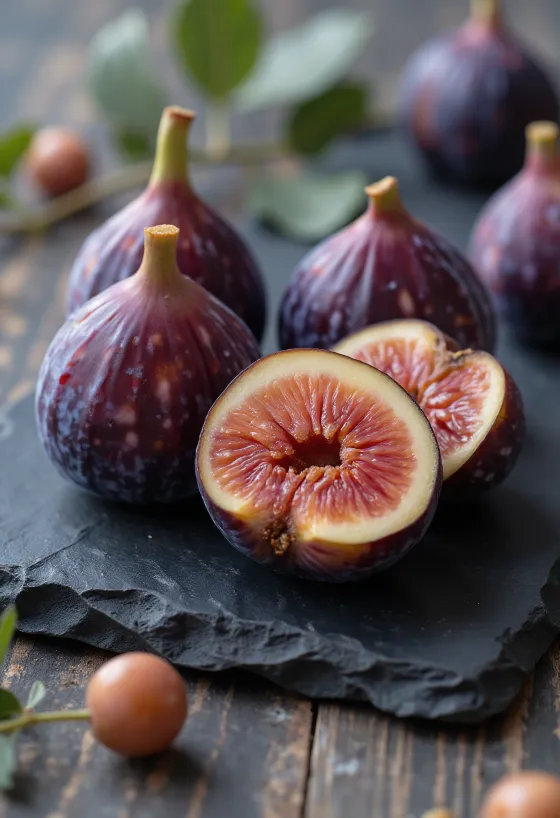 スライスされた生のイチジクとドライイチジク、素朴な木の板の上