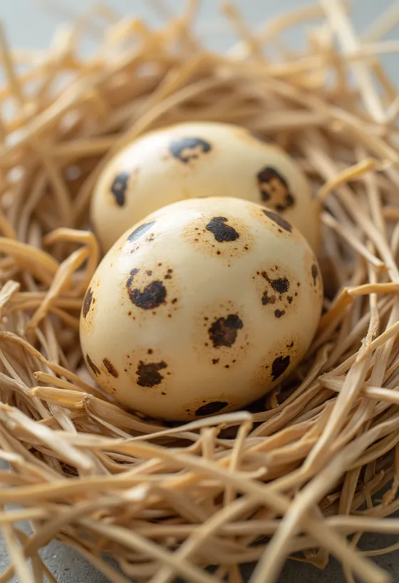 割られた生のウズラの卵、黄身と白身が木の板の上に見える