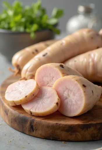 木製テーブル上の小鉢に入った、スライスおよび千切りにされた新鮮なガランガル