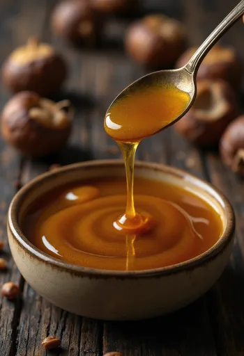 瓶に入った濃い色の栗蜂蜜、ハニーディッパーと栗の花