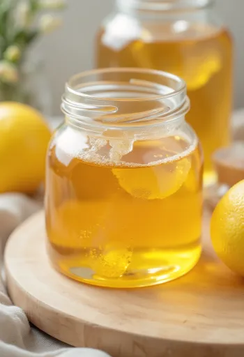 小瓶に入ったグルコースシロップと、スプーンから垂れるシロップ