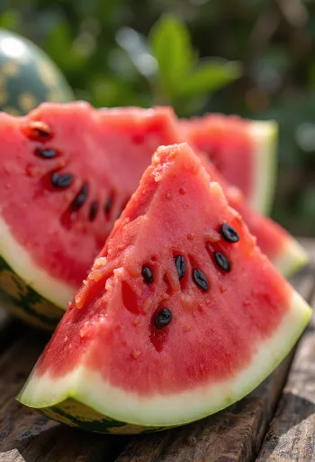 木製のテーブルの上にある、赤い果肉と黒い種が見える新鮮なスライススイカ