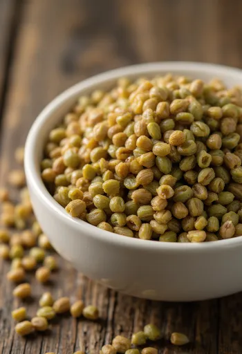 陶器のボウルに入った生の蕎麦の実、木製の表面に散らばっている