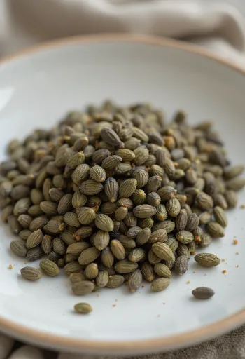 明るい背景に散らばった、茶色や緑色が混ざった殻付きヘンプシード