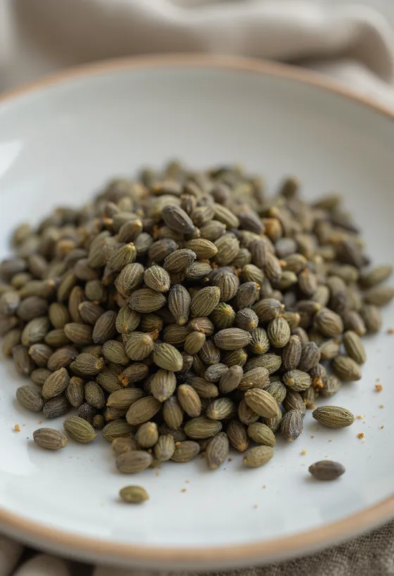 明るい背景に散らばった、茶色や緑色が混ざった殻付きヘンプシード