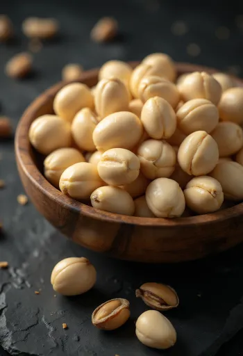 白い背景に盛られた、乳白色のマカダミアナッツ