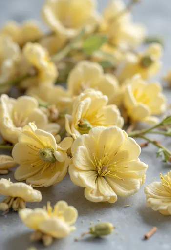 小鉢に入った乾燥リンデンフラワーと、木製スプーン、散らばる花と葉