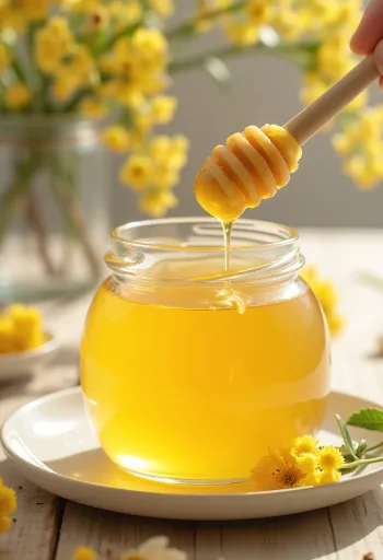 瓶に入った菩提樹はちみつ、ハニーディッパーと菩提樹の花