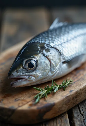 新鮮なニシン、レモン、玉ねぎ、ディルが木製のまな板の上にある