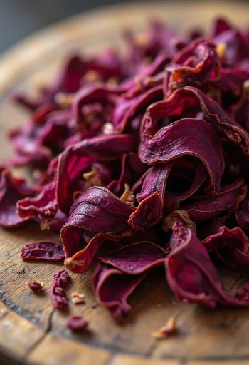 小鉢に入った乾燥ハイビスカスの花びらと、キッチンカウンターに散らばる赤い花弁