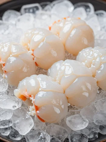 木製のまな板に乗った新鮮なオマール海老とレモン、ハーブ