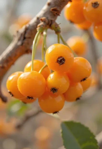 素朴な木の表面にある枝についたオレンジ色のサジーの実