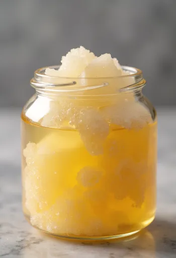 小瓶に入った透明な転化糖シロップと、スプーンから垂れる様子