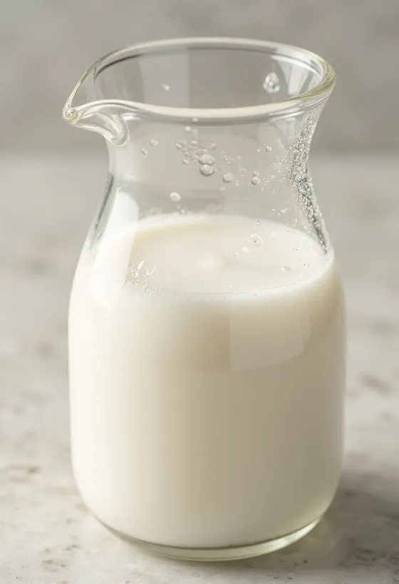 陶器のボウルとグラスに入ったバターミルク、木製のテーブルの上