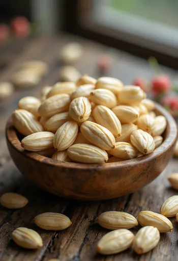 乾燥したハトムギの粒、白くて丸い穀物