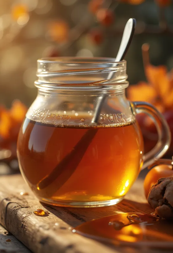 小瓶に入ったアンバー色のメープルシロップと、スプーンから垂れるシロップ