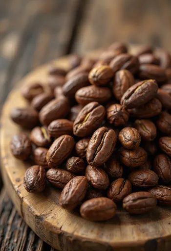 発酵・乾燥済みのカカオ豆、割れた殻とカカオニブ、素朴な背景