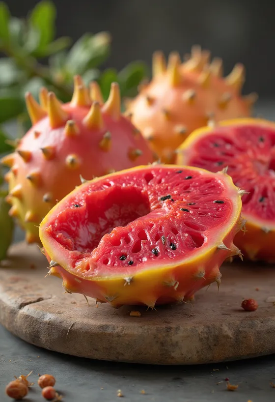 木製の表面にある、鮮やかな果肉と種が見える丸ごとおよびカットされたサボテンの実