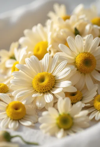 ボウルに入った乾燥カモミールの花と、キッチンに散らばる花びら