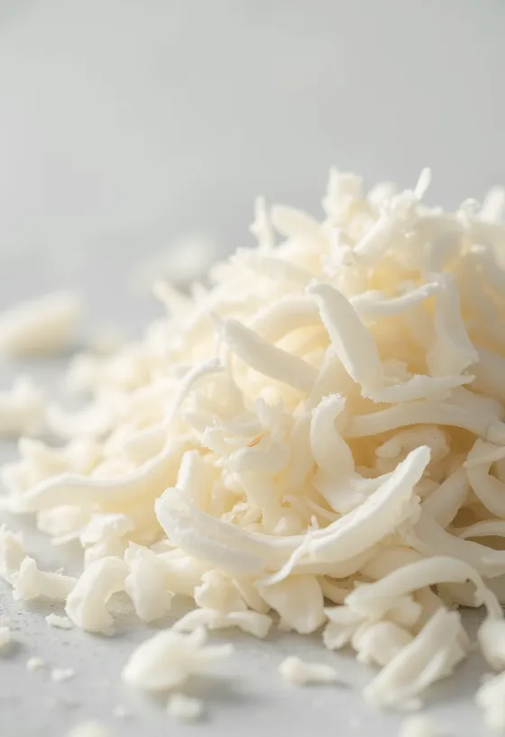 小皿に入ったココナッツファインと散らばった白い粉末