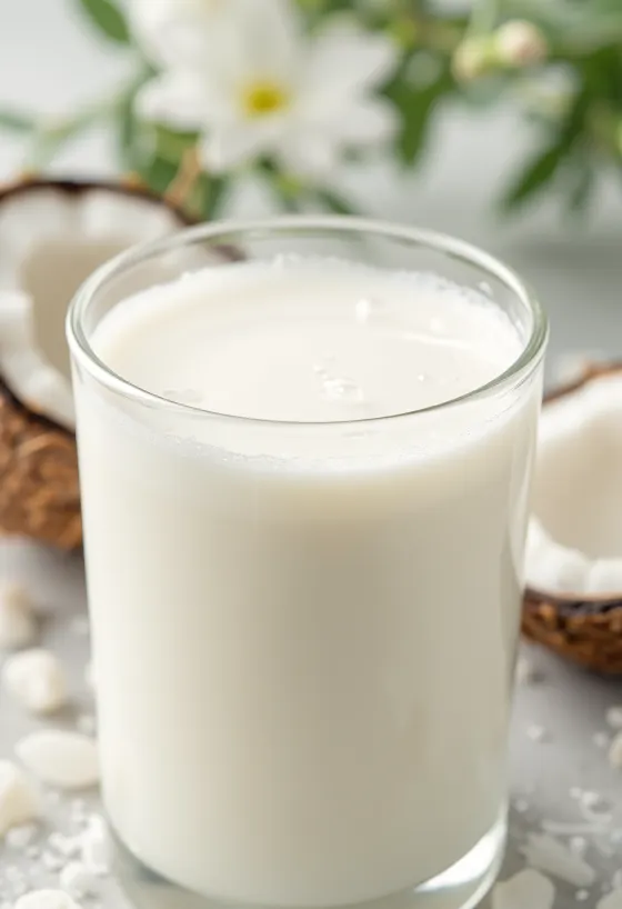 ガラス瓶から透明なボウルに注がれるココナッツミルク