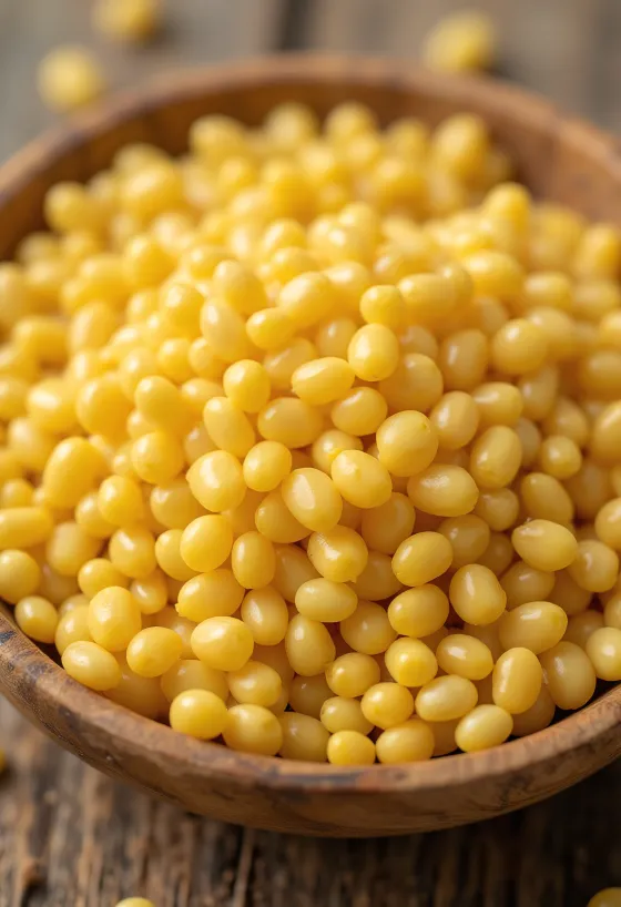 陶器のボウルに入った生の黄色いキビ（ミレット）と木のテーブル