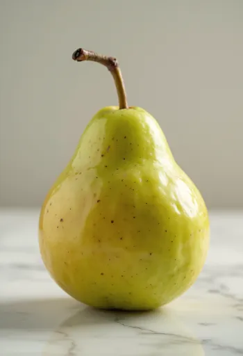 まな板の上に置かれた緑と黄色の新鮮な洋梨、カットされた断面