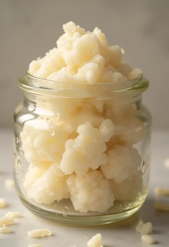 ガラス瓶の中で気泡を立てて発酵するサワードウ・スターター、周りに粉と木のスプーン