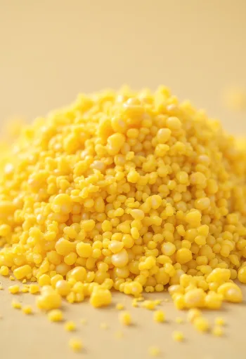 陶器のボウルに入った黄金色のコーンミールと木のテーブル