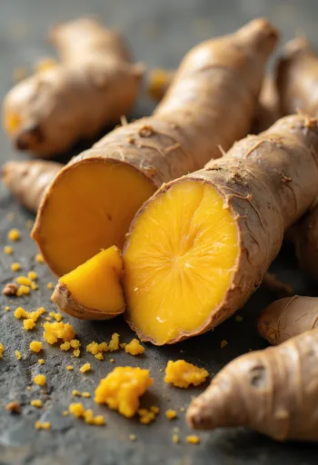 陶器のボウルに入った鮮やかな黄色のターメリックパウダーと木のスプーン