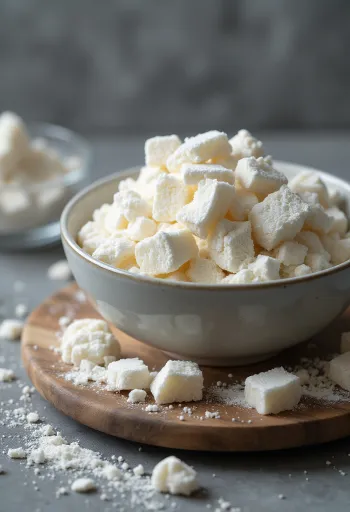 陶器のボウルに入った葛粉と木のスプーン、葛の根のスライス