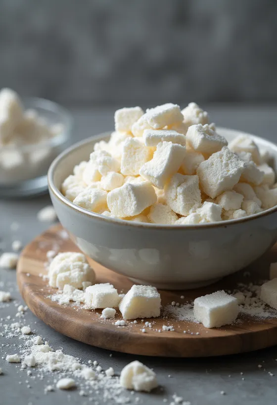 陶器のボウルに入った葛粉と木のスプーン、葛の根のスライス