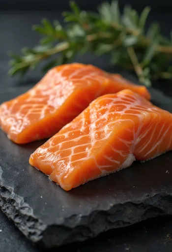 レモンとディルが添えられた新鮮なサーモンの切り身