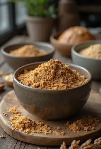 陶器のボウルに入った亜麻仁粉と木のスプーン