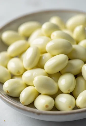 自然光の下、陶器のボウルに入ったクリーミーな色のライマ豆と木製テーブル