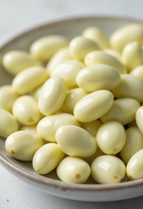 自然光の下、陶器のボウルに入ったクリーミーな色のライマ豆と木製テーブル