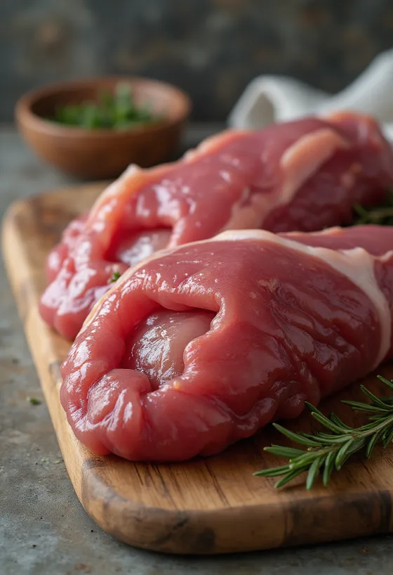 まな板に置かれた新鮮な状態のスライスされた生レバーの切り身