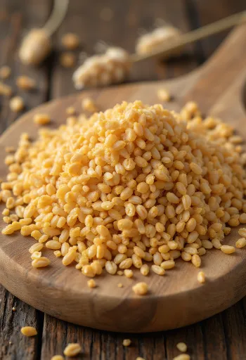 木製のボウルに入った大麦麦芽（モルト）とモルトパウダー