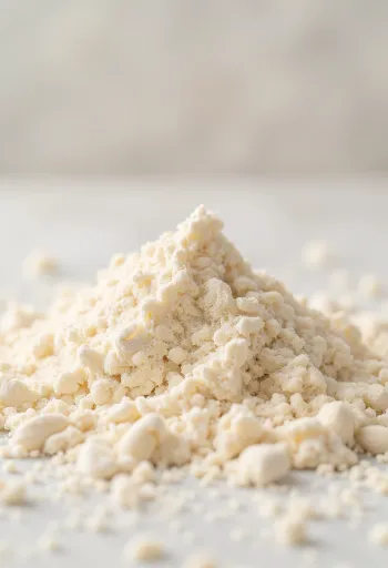 陶器のボウルに入ったアーモンドプードル、淡いベージュ色できめ細かい粉末