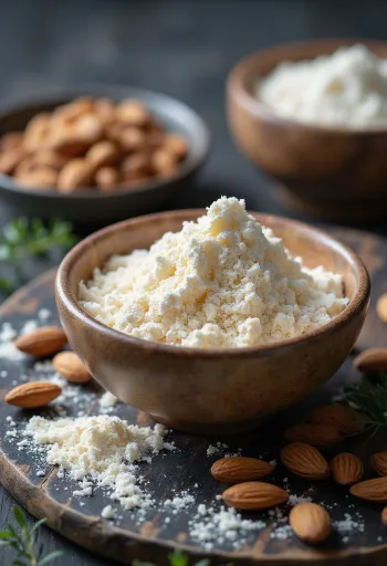 木のスプーンに乗ったアーモンドミルクパウダーと、ボウルに入った粉末