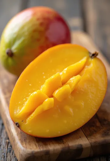 木のテーブルに置かれた、鮮やかなオレンジ色の果肉のスライスされた新鮮なマンゴー