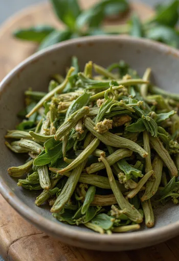 ボウルに入った乾燥マテ茶葉と木製スプーン