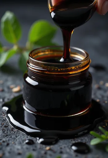 小鉢に入った濃い色の濃厚なモラセスと、スプーンから垂れるシロップ