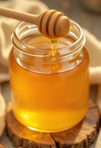 瓶に入った黄金色の蜂蜜と、木製ハニーディッパー