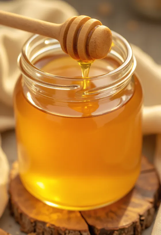 瓶に入った黄金色の蜂蜜と、木製ハニーディッパー